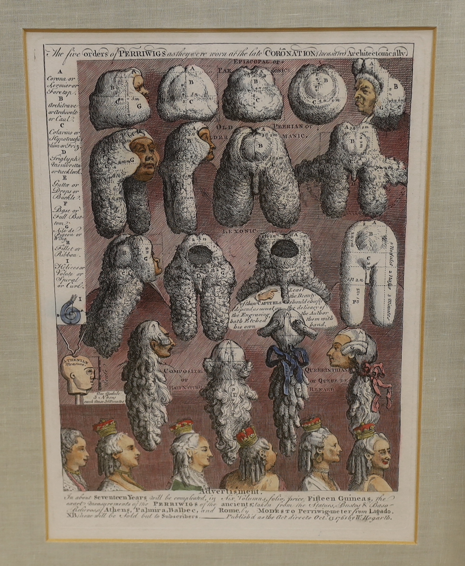 After Thomas Kitchin (1719-1784), hand coloured engraved map of Sussex and after William Hogarth (1697-1764), hand coloured engraving, ‘The Five Orders of Periwigs’, publ. 1761 by W Hogarth, largest 32 x 23cm